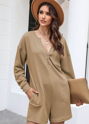 Notched Neck Long Sleeve Romper - MimiStylez