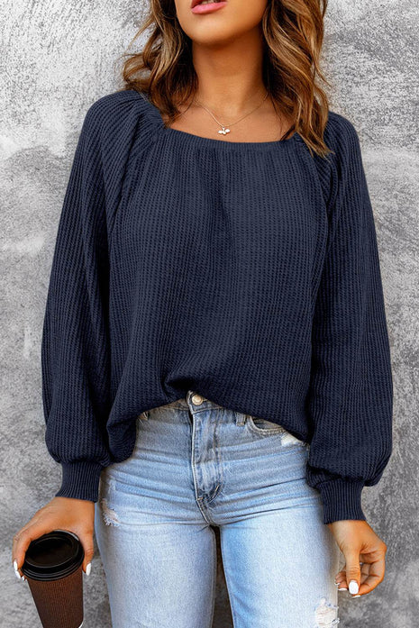 Square Neck Waffle-Knit Top - MimiStylez