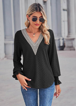V-Neck Eyelet Flounce Sleeve Blouse - MimiStylez