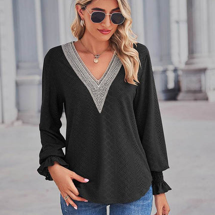 V-Neck Eyelet Flounce Sleeve Blouse - MimiStylez