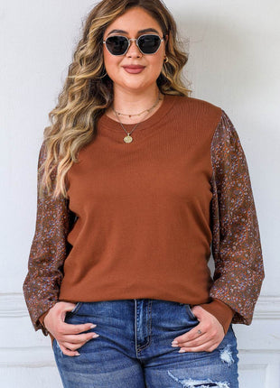 Plus Size Printed Dropped Shoulder Round Neck Blouse - MimiStylez