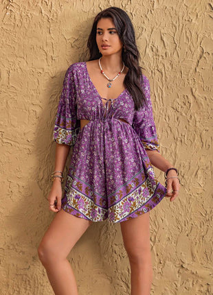 Tied Front Cutout Printed Romper - MimiStylez