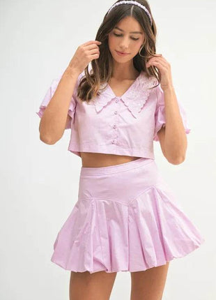 MABLE Puff Sleeve Button Down Top and Bubble Skirt Set - MimiStylez