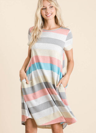 BOMBOM Striped Short Sleeve Dress with Pockets - MimiStylez