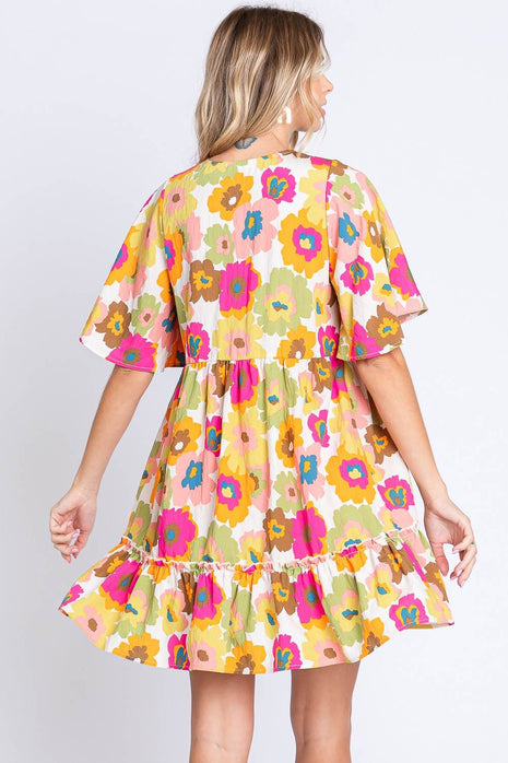 GeeGee Floral V-Neck Ruffle Hem Mini Dress - MimiStylez
