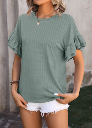 Ruffled Round Neck Short Sleeve Blouse - MimiStylez