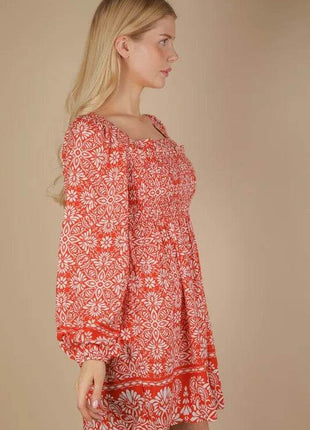 VERY J Printed Smocked Chest Boho Mini Dress - MimiStylez