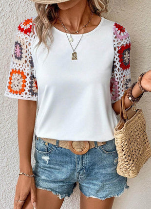 Geometric Round Neck Short Sleeve Blouse - MimiStylez