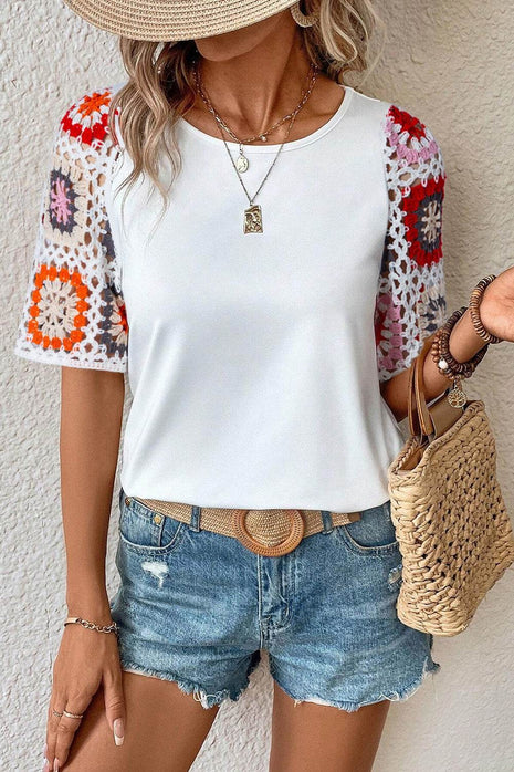 Geometric Round Neck Short Sleeve Blouse - MimiStylez