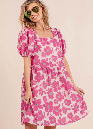 BiBi Printed Square Neck Puff Sleeve Mini Dress - MimiStylez