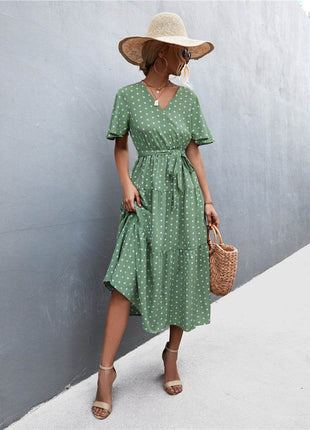 Printed V-Neck Flutter Sleeve Belted Dress - MimiStylez