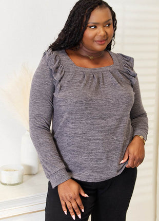 Double Take Square Neck Ruffle Shoulder Long Sleeve T-Shirt - MimiStylez