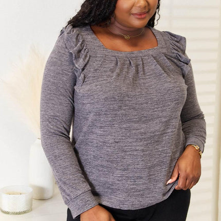 Double Take Square Neck Ruffle Shoulder Long Sleeve T-Shirt - MimiStylez