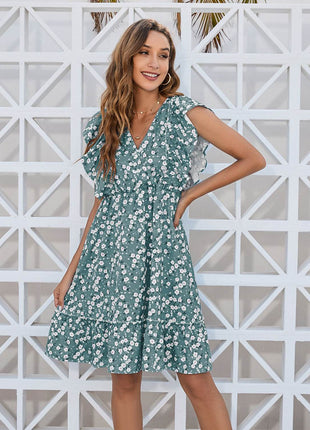 Ruffled Ditsy Floral Surplice Mini Dress - MimiStylez