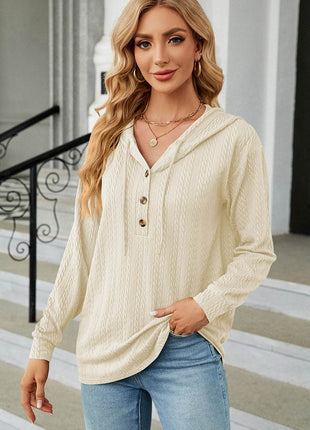 Drawstring Half Button Long Sleeve Hoodie - MimiStylez