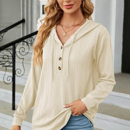 Drawstring Half Button Long Sleeve Hoodie - MimiStylez