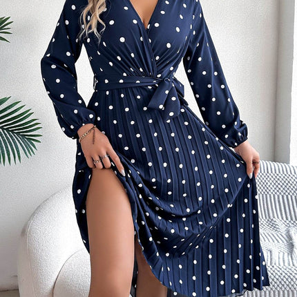 Tied Polka Dot Long Sleeve Midi Dress - MimiStylez