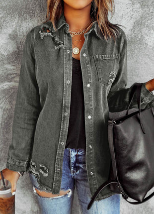 Distressed Raw Hem Snap Down Denim Jacket - MimiStylez