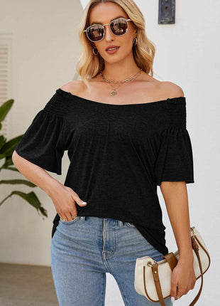 Smocked Round Neck Flutter Sleeve T-Shirt - MimiStylez