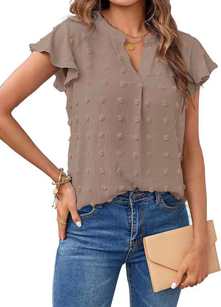 Women's Fashion V-neck Ruffle Sleeve Chiffon Shirt Short Sleeve - MimiStylez