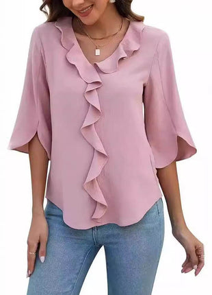 Loose V-neck Flounce Shirt - MimiStylez