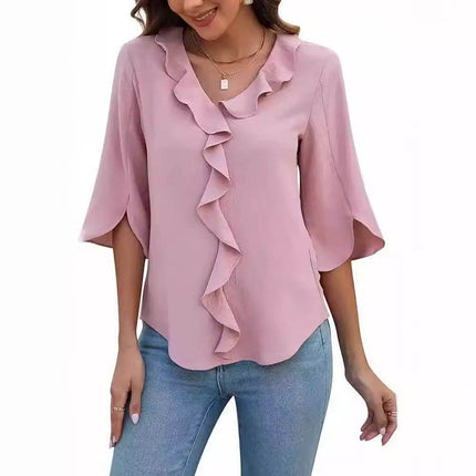 Loose V-neck Flounce Shirt - MimiStylez
