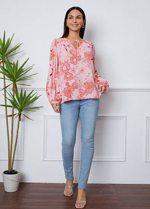 Floral Smocked Tassel Tie Balloon Sleeve Blouse - MimiStylez