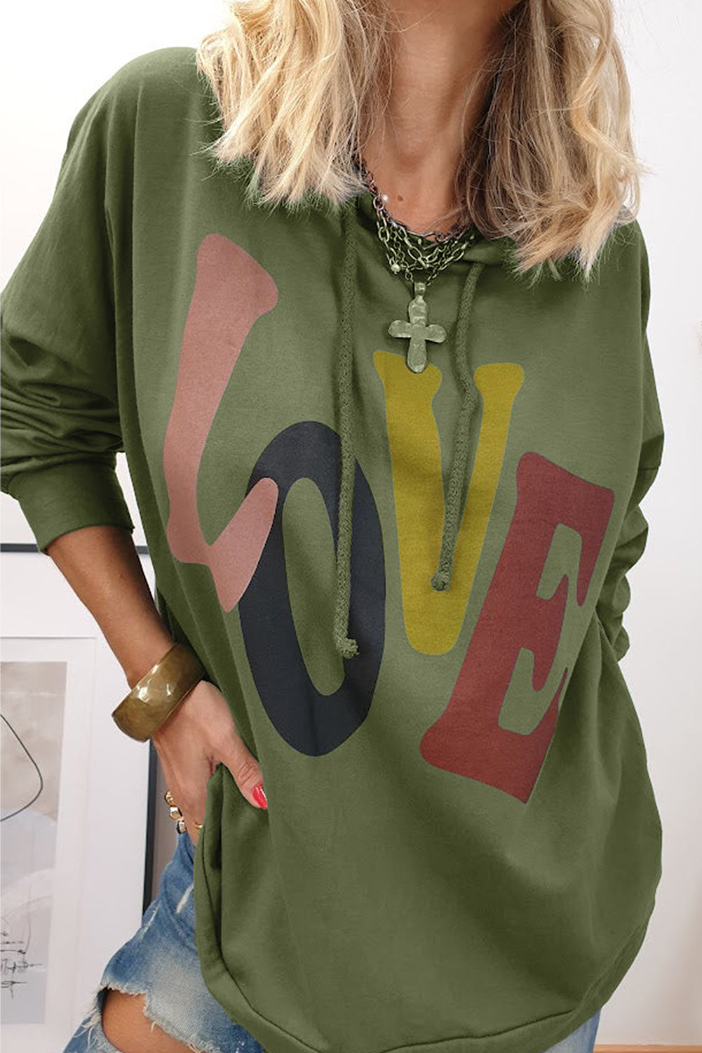 LOVE Sudadera con capucha y hombros caídos con cordón