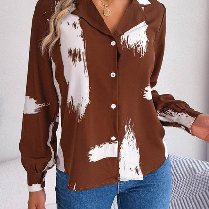Printed Collared Neck Button Up Shirt - MimiStylez