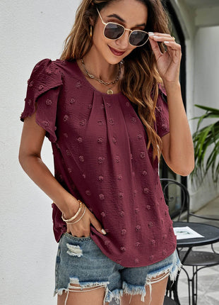 Swiss Dot Round Neck Petal Sleeve Top - MimiStylez