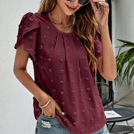 Swiss Dot Round Neck Petal Sleeve Top - MimiStylez