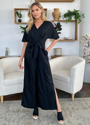 Double Take Full Size V-Neck Tie Front Short Sleeve Slit Jumpsuit - MimiStylez
