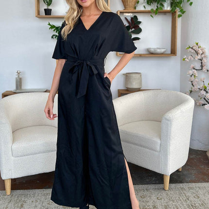 Double Take Full Size V-Neck Tie Front Short Sleeve Slit Jumpsuit - MimiStylez