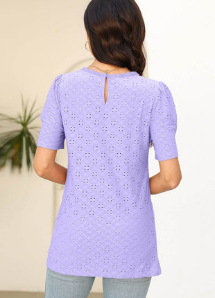 Eyelet Round Neck Short Sleeve T-Shirt - MimiStylez