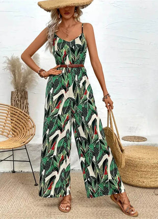 Tropical Print Spaghetti Strap Wide Leg Jumpsuit - MimiStylez