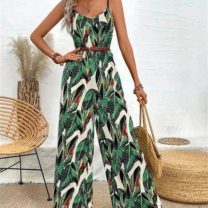 Tropical Print Spaghetti Strap Wide Leg Jumpsuit - MimiStylez