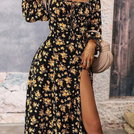 Square Neck Printed Slit Dress - MimiStylez