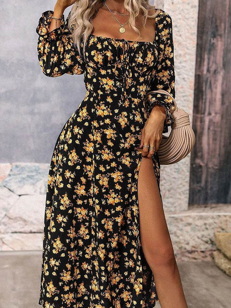Square Neck Printed Slit Dress - MimiStylez