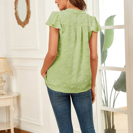 Swiss Dot Notched Cap Sleeve Blouse - MimiStylez