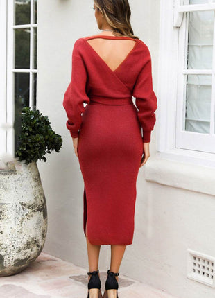 Surplice Neck Bow Waist Slit Sweater Dress - MimiStylez