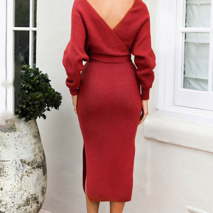 Surplice Neck Bow Waist Slit Sweater Dress - MimiStylez