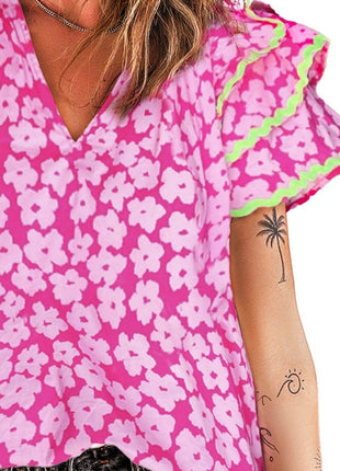 Printed V-Neck Flounce Sleeve Blouse - MimiStylez