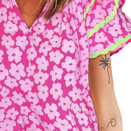 Printed V-Neck Flounce Sleeve Blouse - MimiStylez