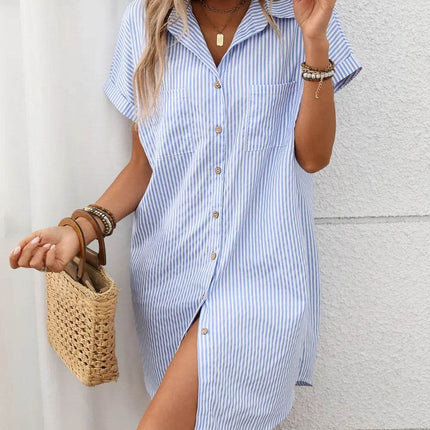 Striped Button Down Short Sleeve Mini Dress - MimiStylez