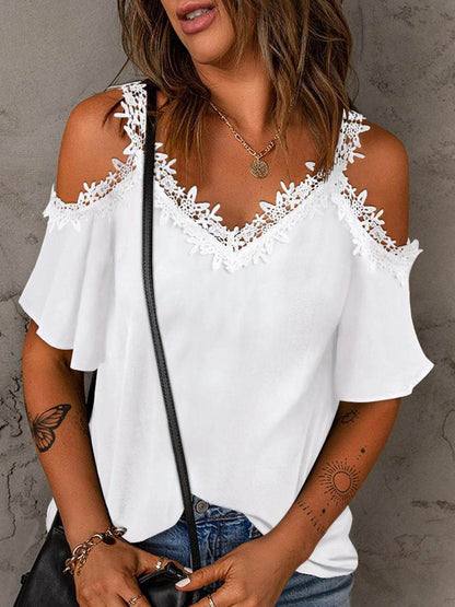 Lace Detail V-Neck Half Sleeve Blouse - MimiStylez