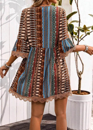 Lace Trim Printed V-Neck 3/4 Sleeve Dress - MimiStylez