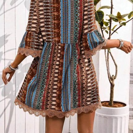 Lace Trim Printed V-Neck 3/4 Sleeve Dress - MimiStylez