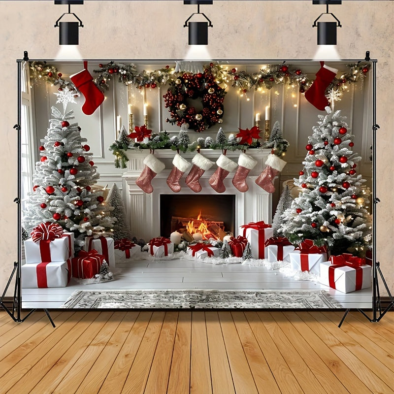 Merry Christmas Backdrop Cloth - White Wooden House, Stockings, Tree & Gifts Design with Snowflakes and Red Balloons - Polyester, Perfect for Living Room, Outdoor Decor, Live Streaming & Photo Booths (39x59" / 70.8x90.5")