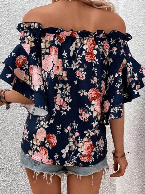 Printed Off-Shoulder Flounce Sleeve Blouse - MimiStylez