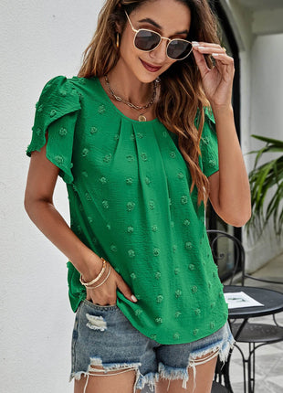 Swiss Dot Round Neck Petal Sleeve Top - MimiStylez